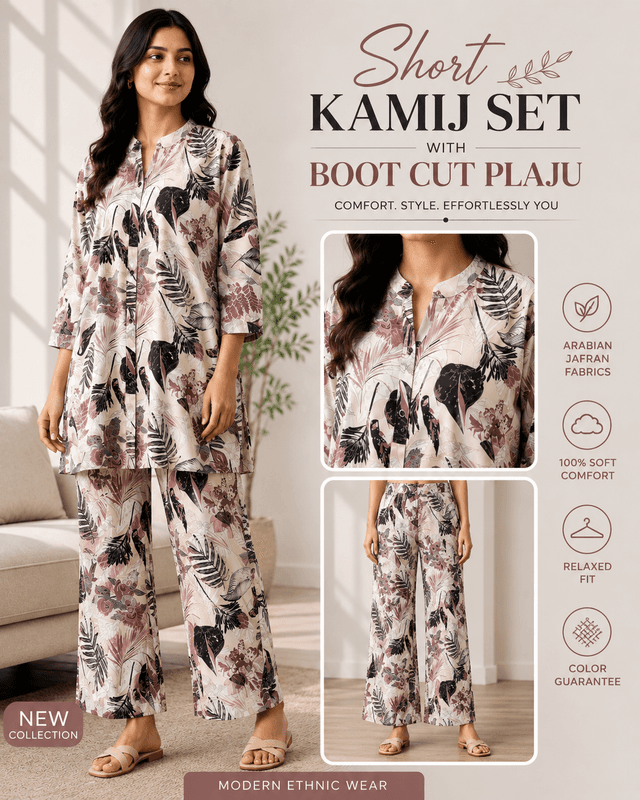 🌸 Short Kamij Set with Boot Cut Plaju – Pink